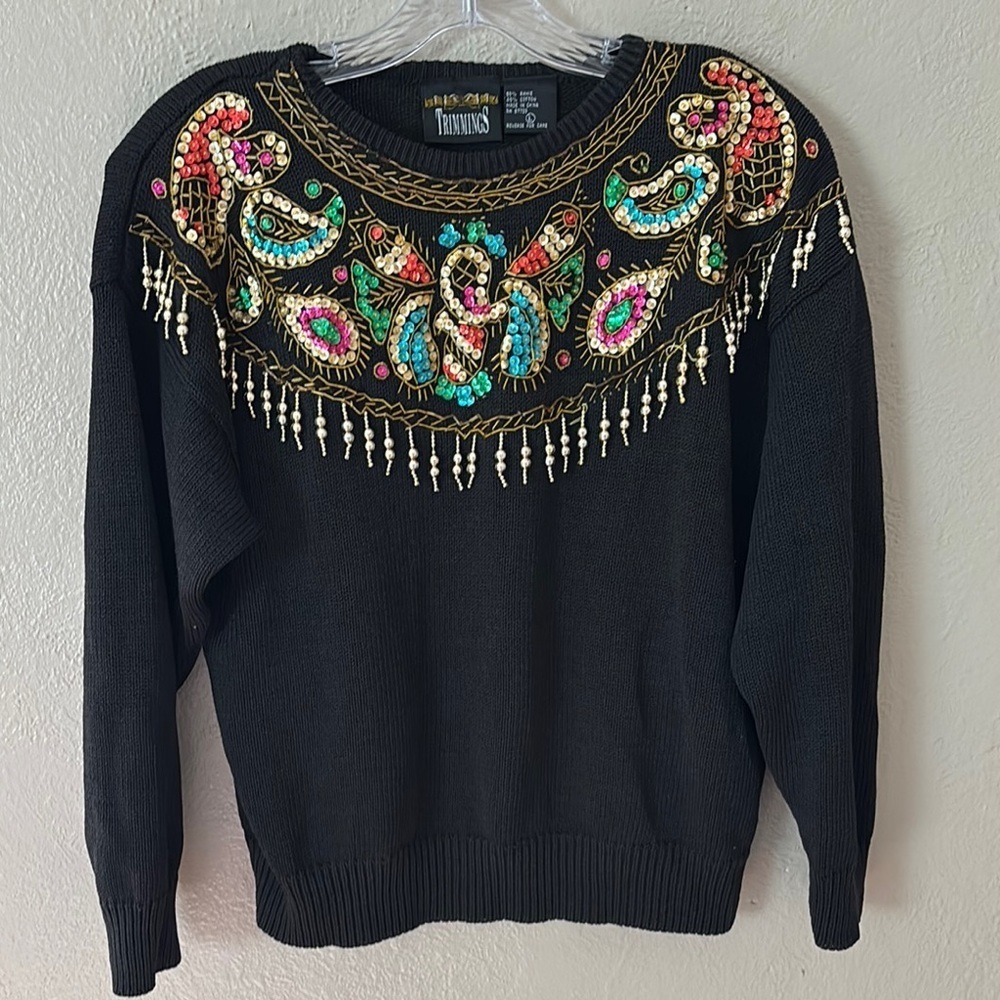Womenβs Vintage Trimmings Embellished Sweater, Large, Black